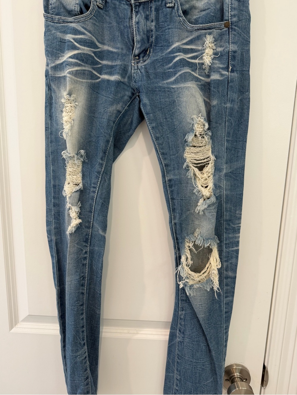 Machine Distressed Blue Women’s Jeans - Fashionable Ripped Denim